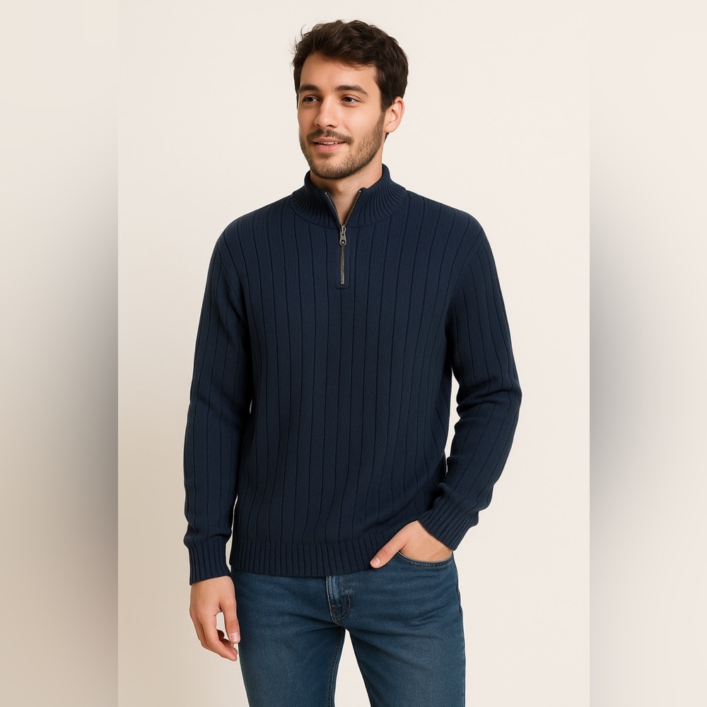 Perry Ellis Navy Blue Quarter Zip Cotton Long Sleeve Shirt Sz L EUC